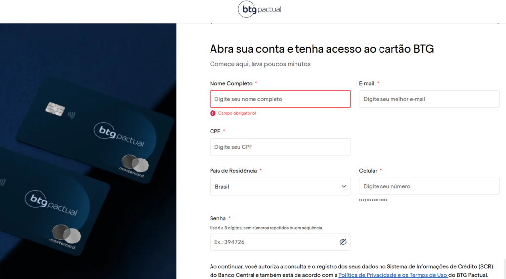 formulário de inscrição btg pactual gold